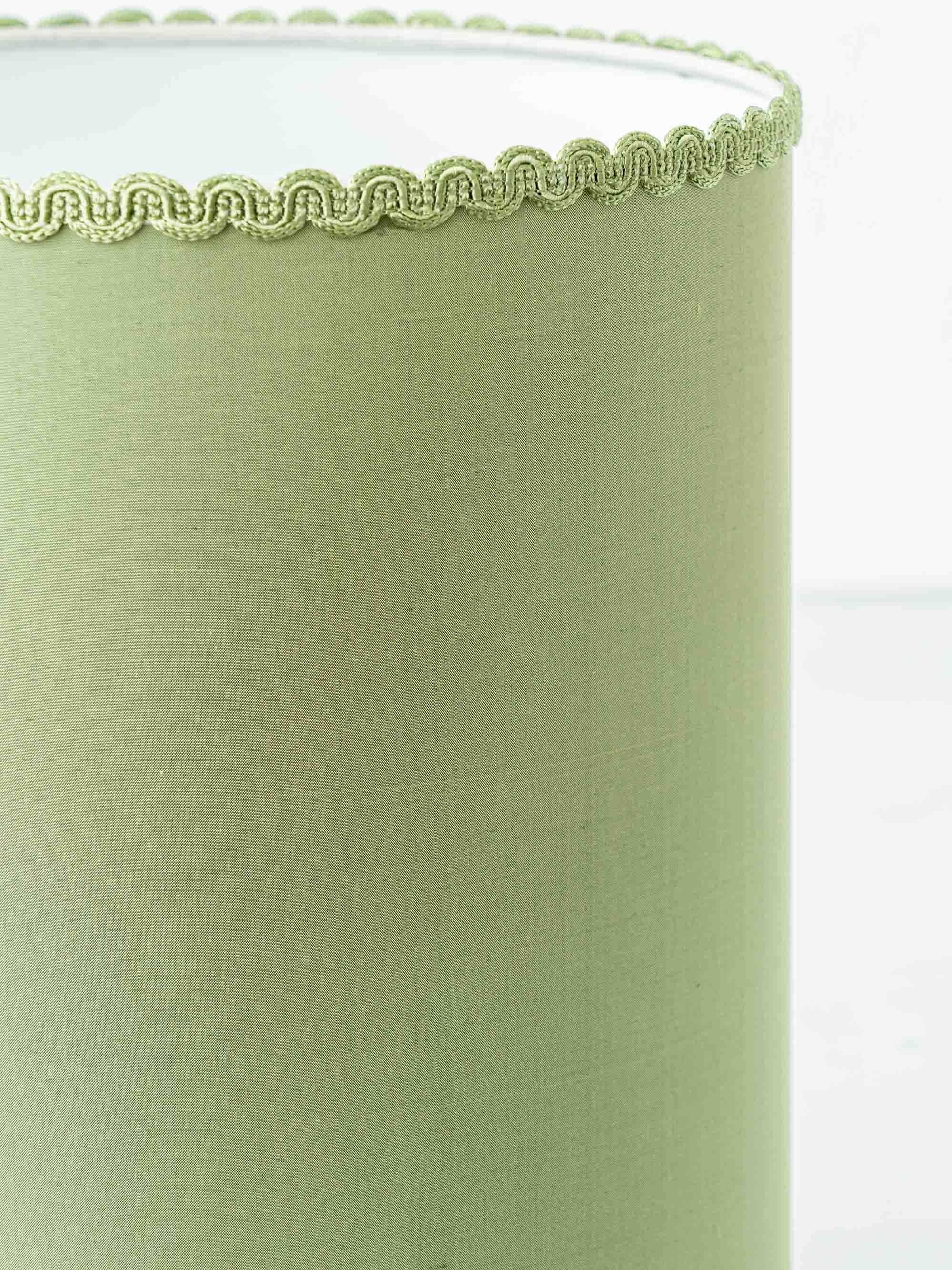 Pair of Chinese table lamps in Delft blue ceramic with new green silk shades.