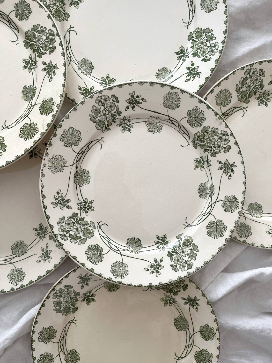 6 antique flat plates made of ironstone "Géranium" Sarreguemines