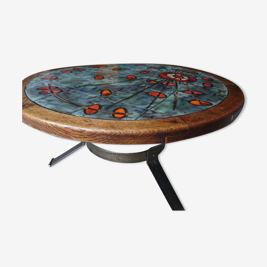 Round coffee table signed Drac- wood and earthenware | Selency