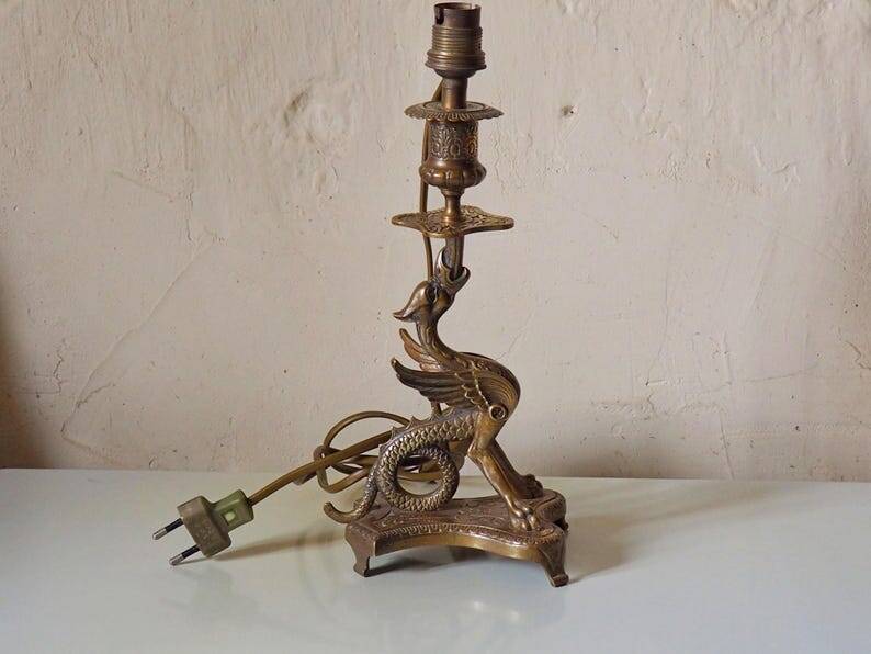 Vintage Brass Dragon Griffin Table Lamp: Mid-Century Modern Lighting