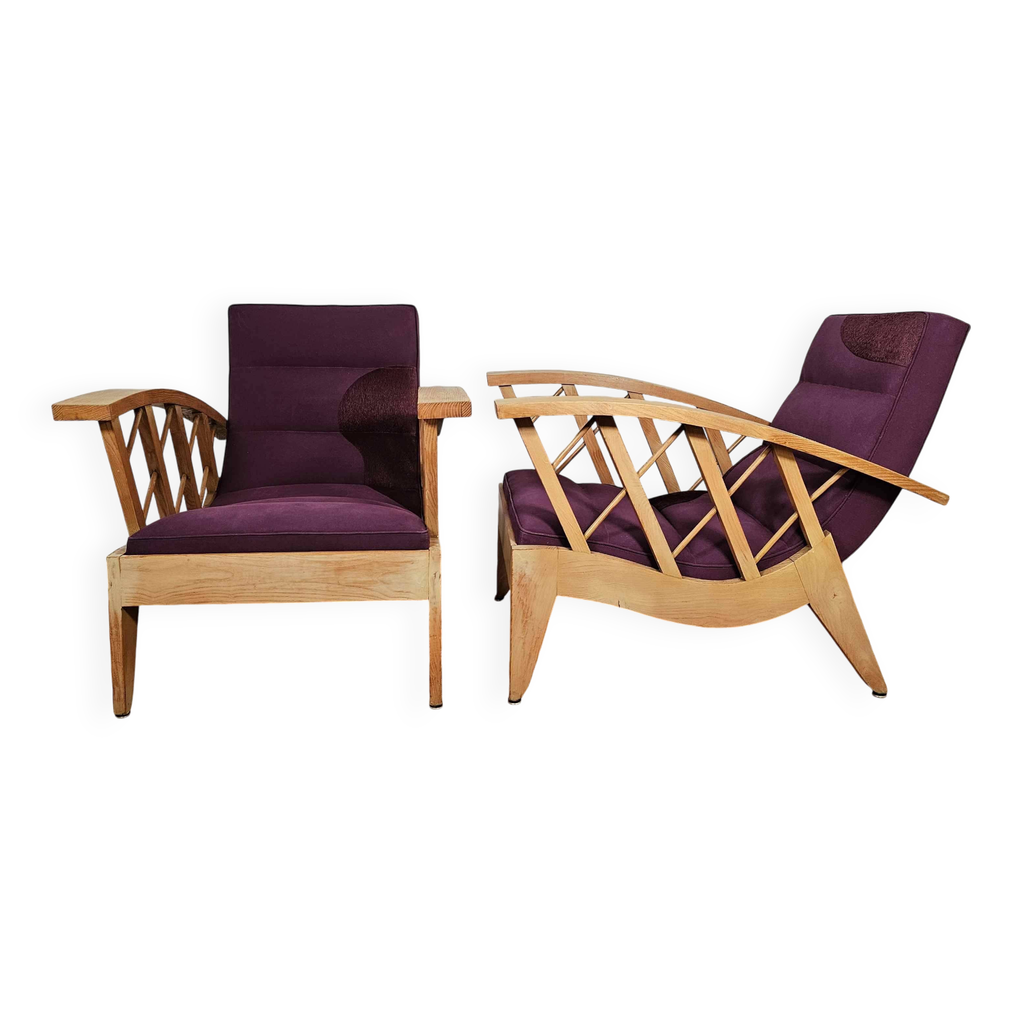 Pair of large armchairs with crossbars, circa 1950, Canovas fabric embroidered by Lesage