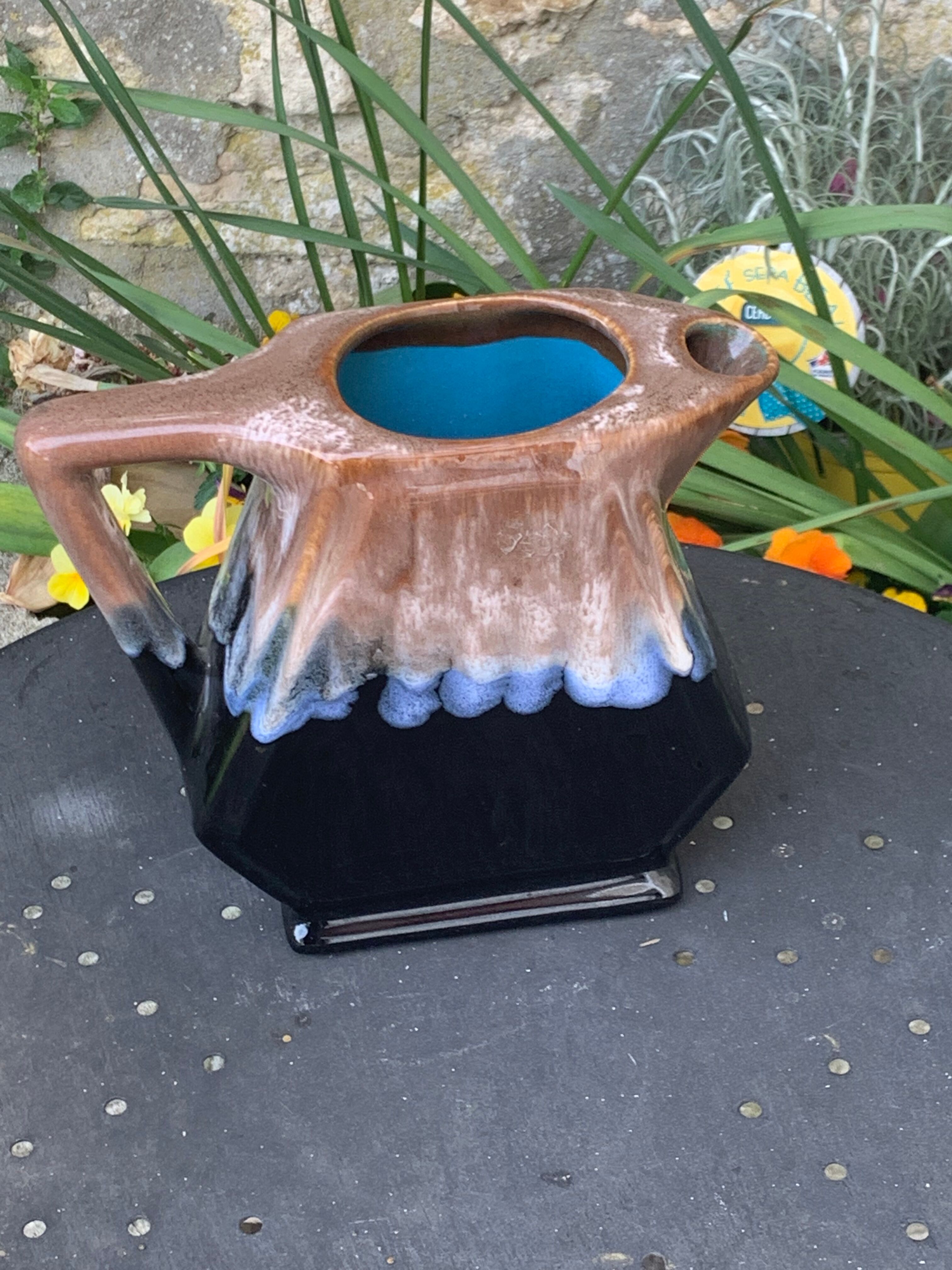 Decanter pitcher in blue and beige glazed ceramic vintage