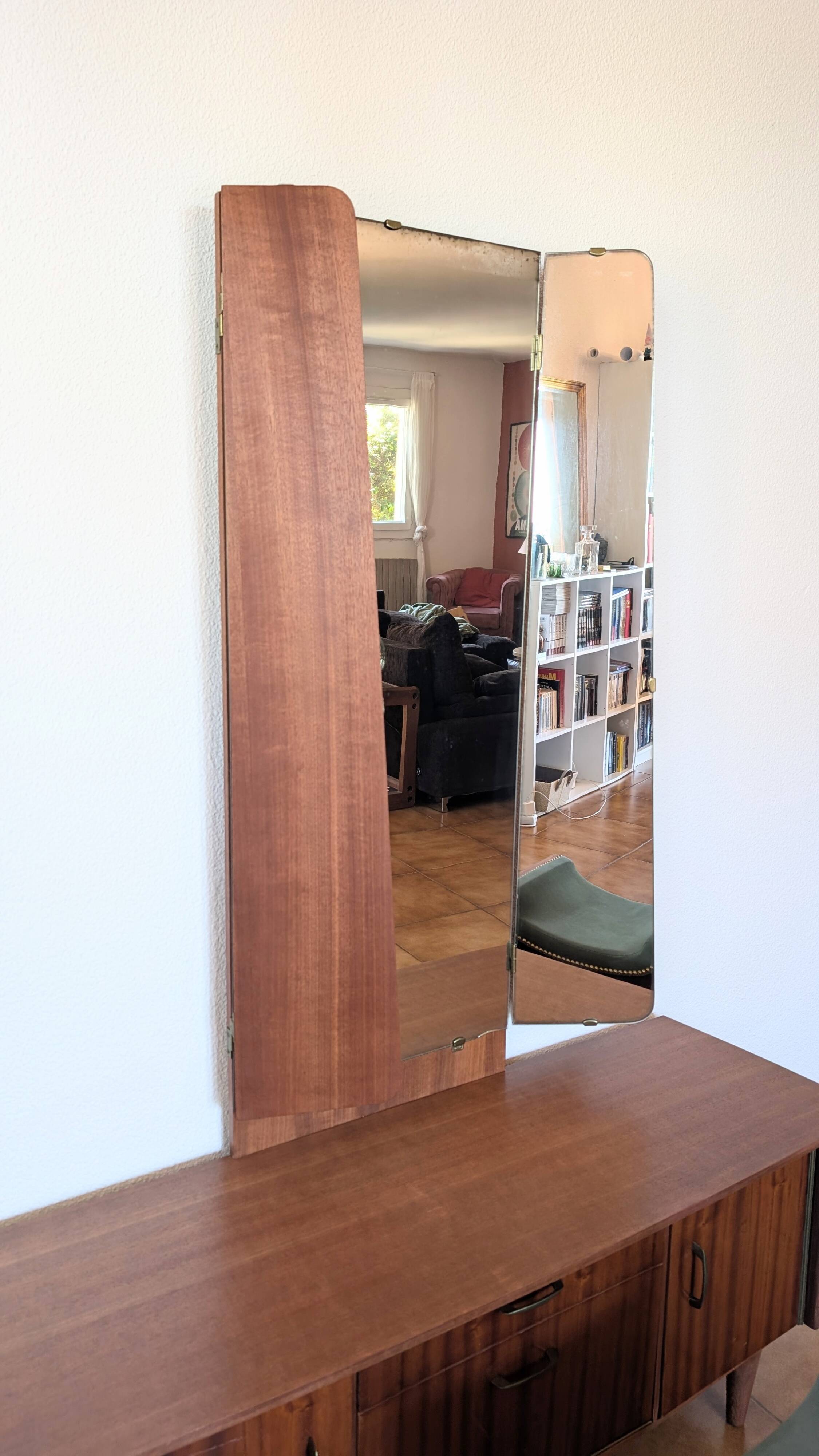 Vintage 70s dressing table with triptych mirror and matching bench.