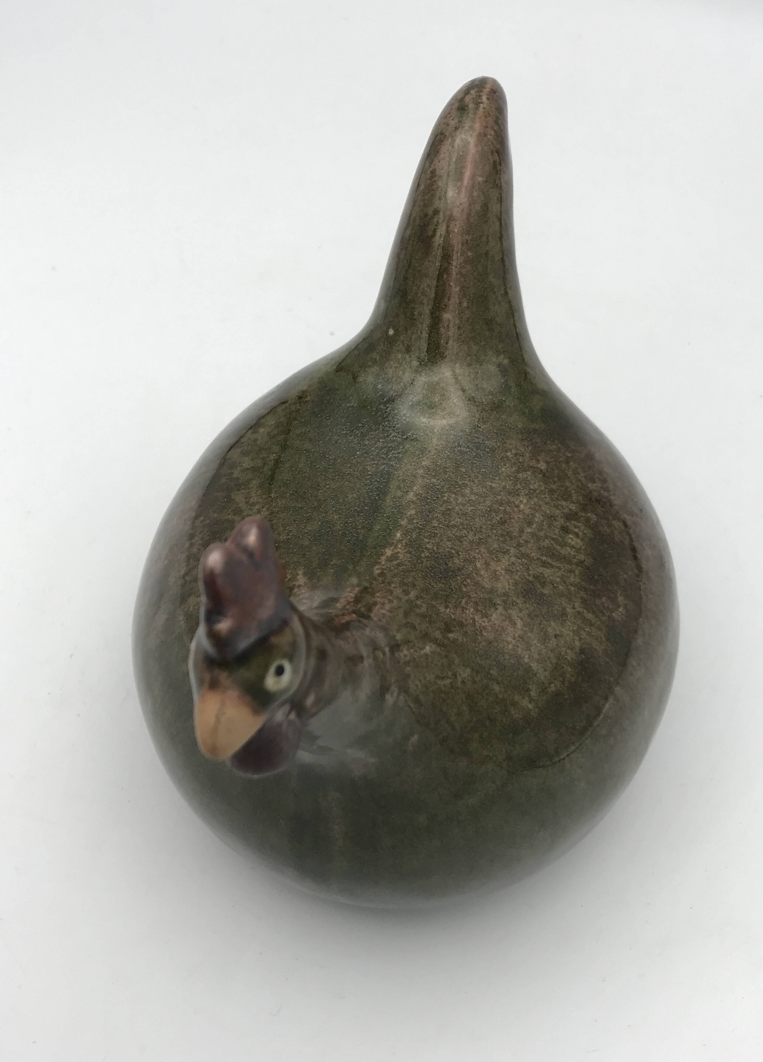 Vintage Rooster Figurine in Olive Green Glazed Stoneware with Glitter Effect 16 cm