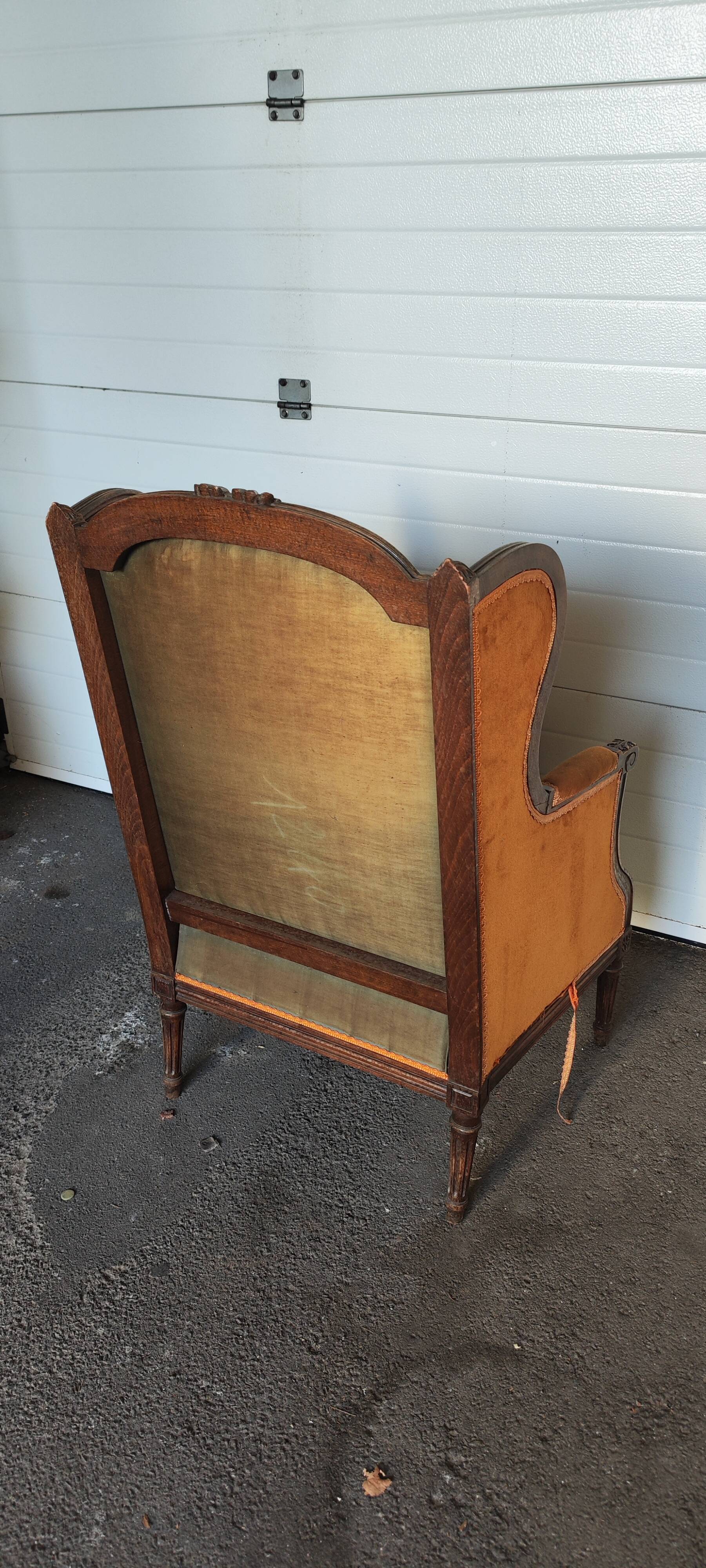 Large Louis XVI style bergère armchair in amber brown velvet