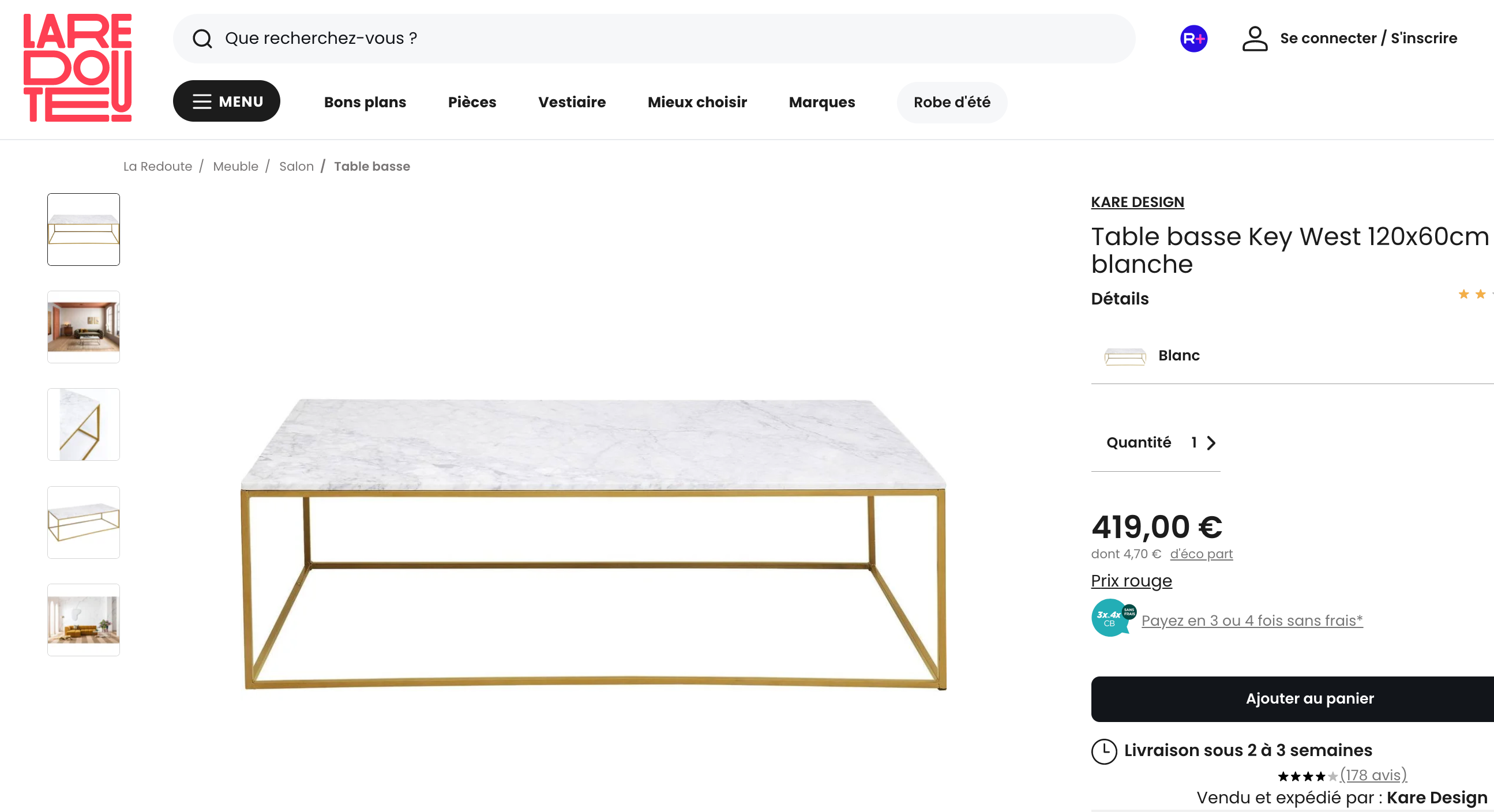 Rectangular coffee table in white marble