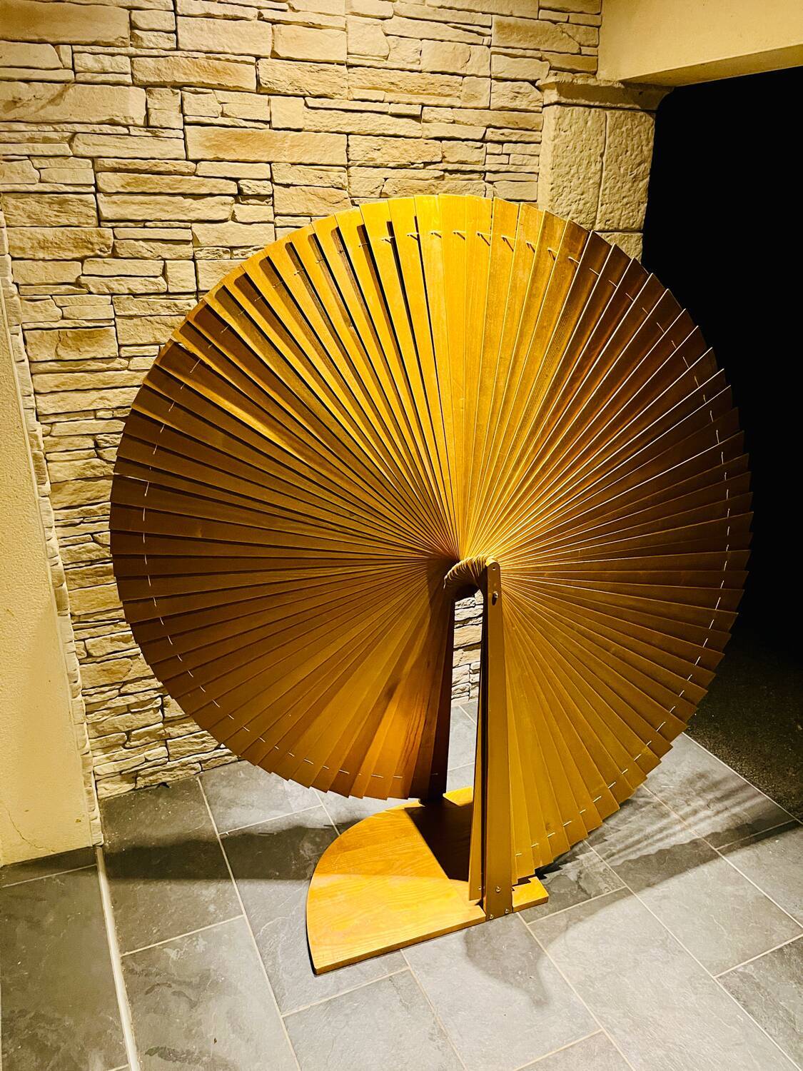 Large vintage wooden fan-shaped screen