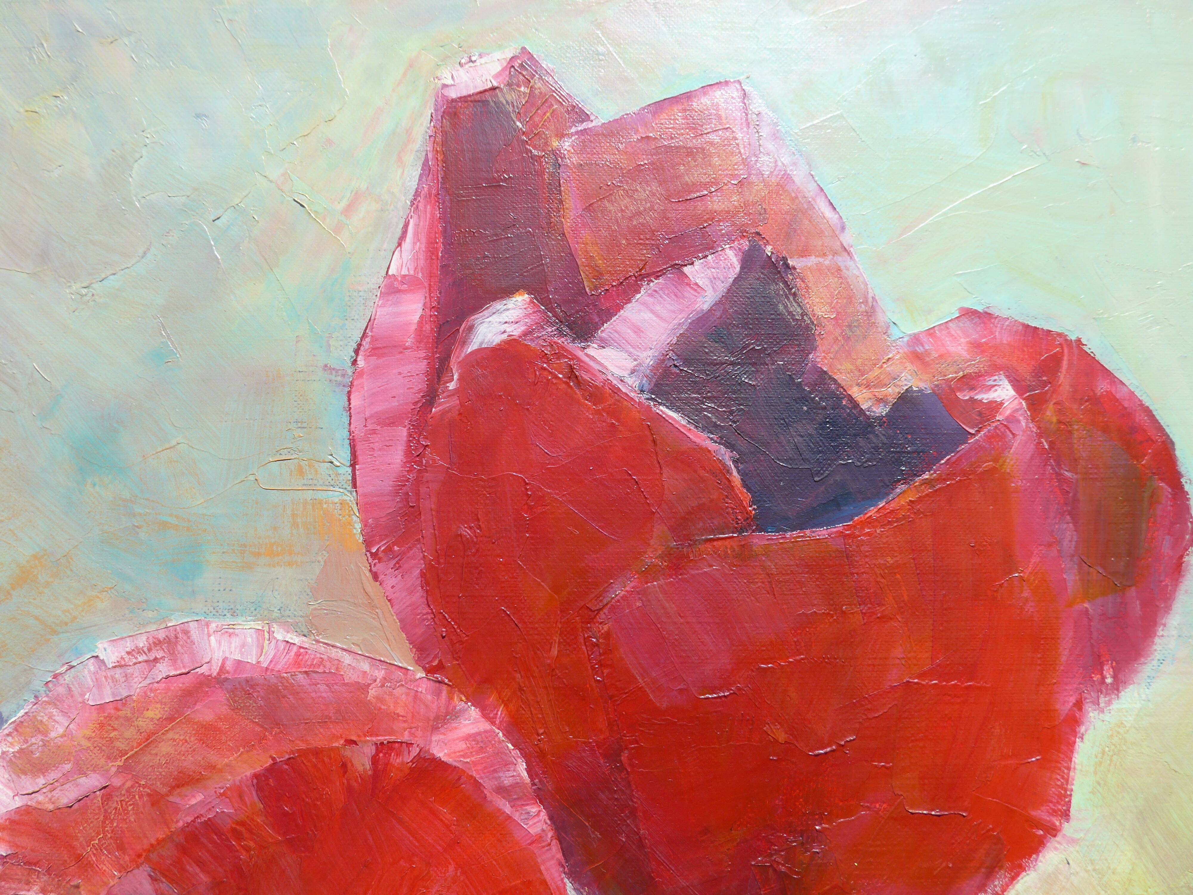 Ancient canvas red flower and fuchsia not signed