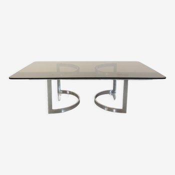 Table basse design vintage en verre fumé et métal chromé des années 70 à pieds modulables