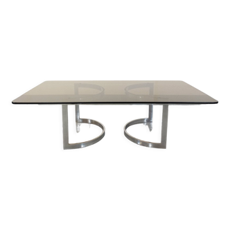 Vintage design coffee table in smoked glass and chromed metal from the 70s with modular legs