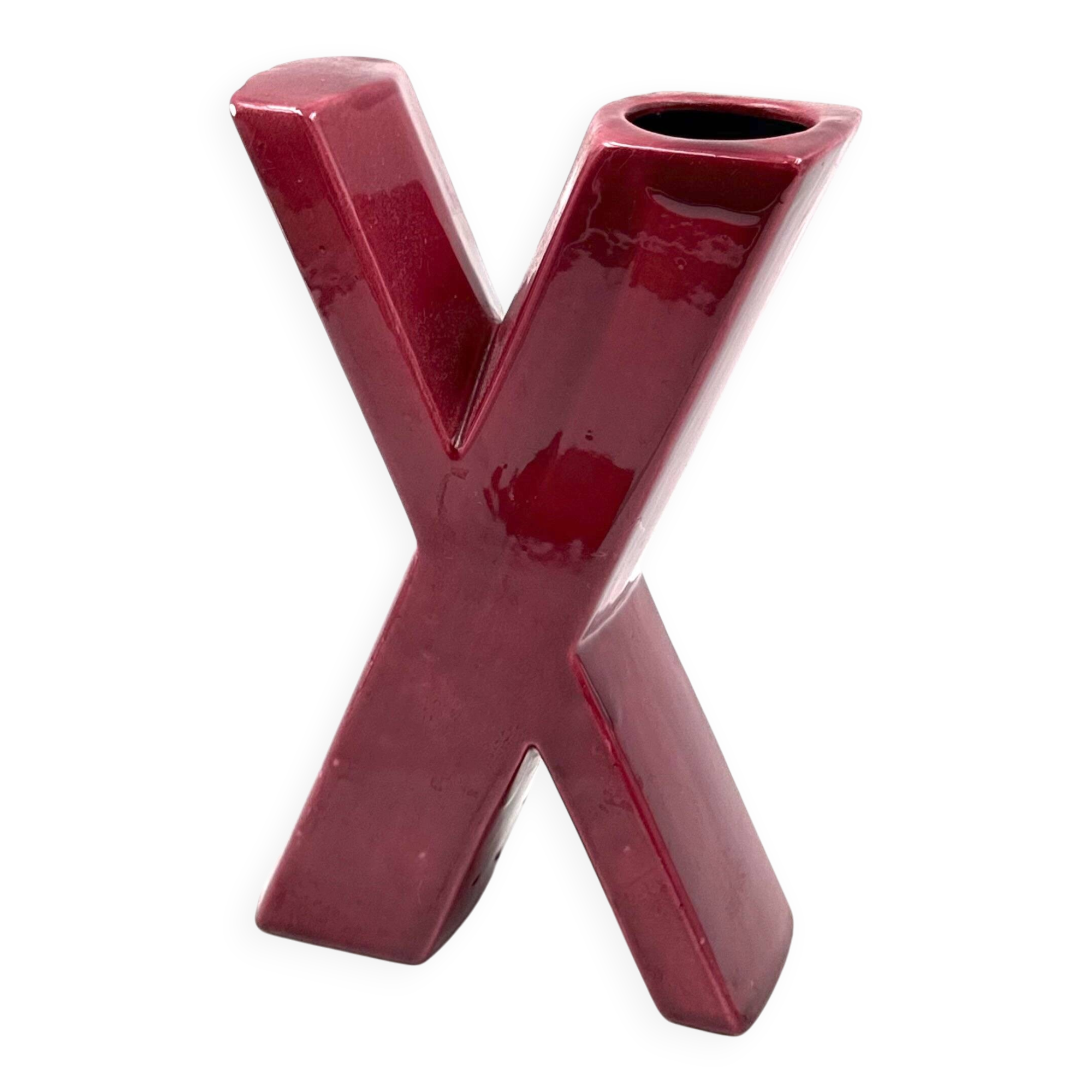 Space age red X letter shaped solifleur vase, Marcel Radureau France 1970
