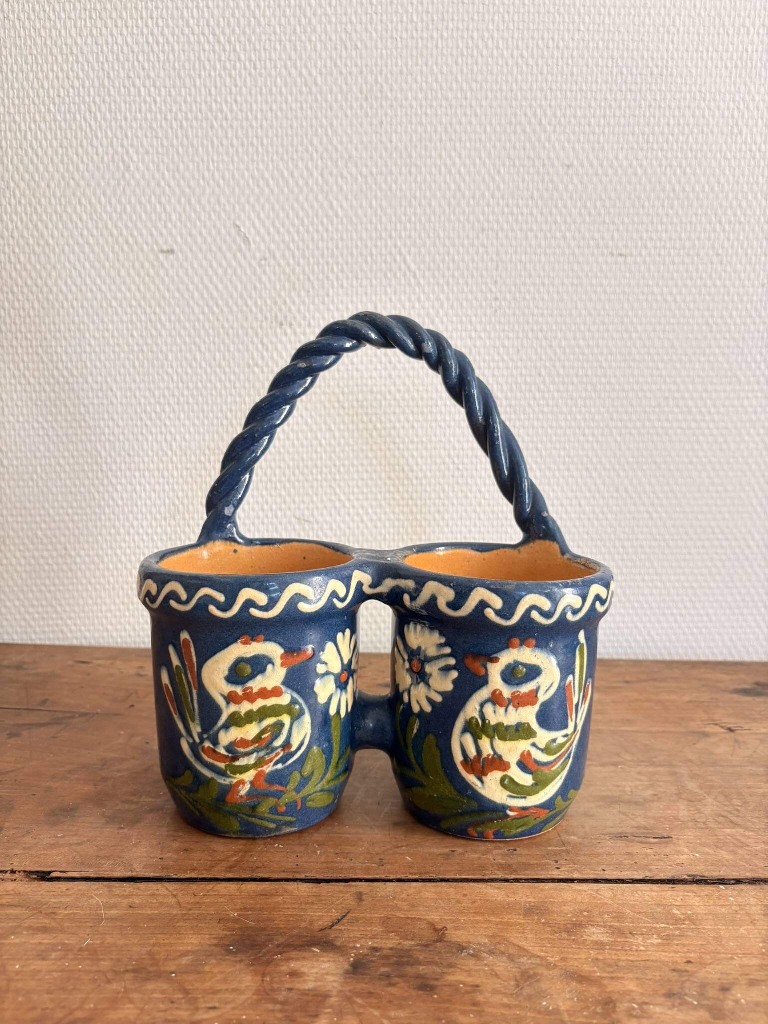 Double Pot Pottery Ceramic Terracotta Blue Bird Alsace Twisted Handle