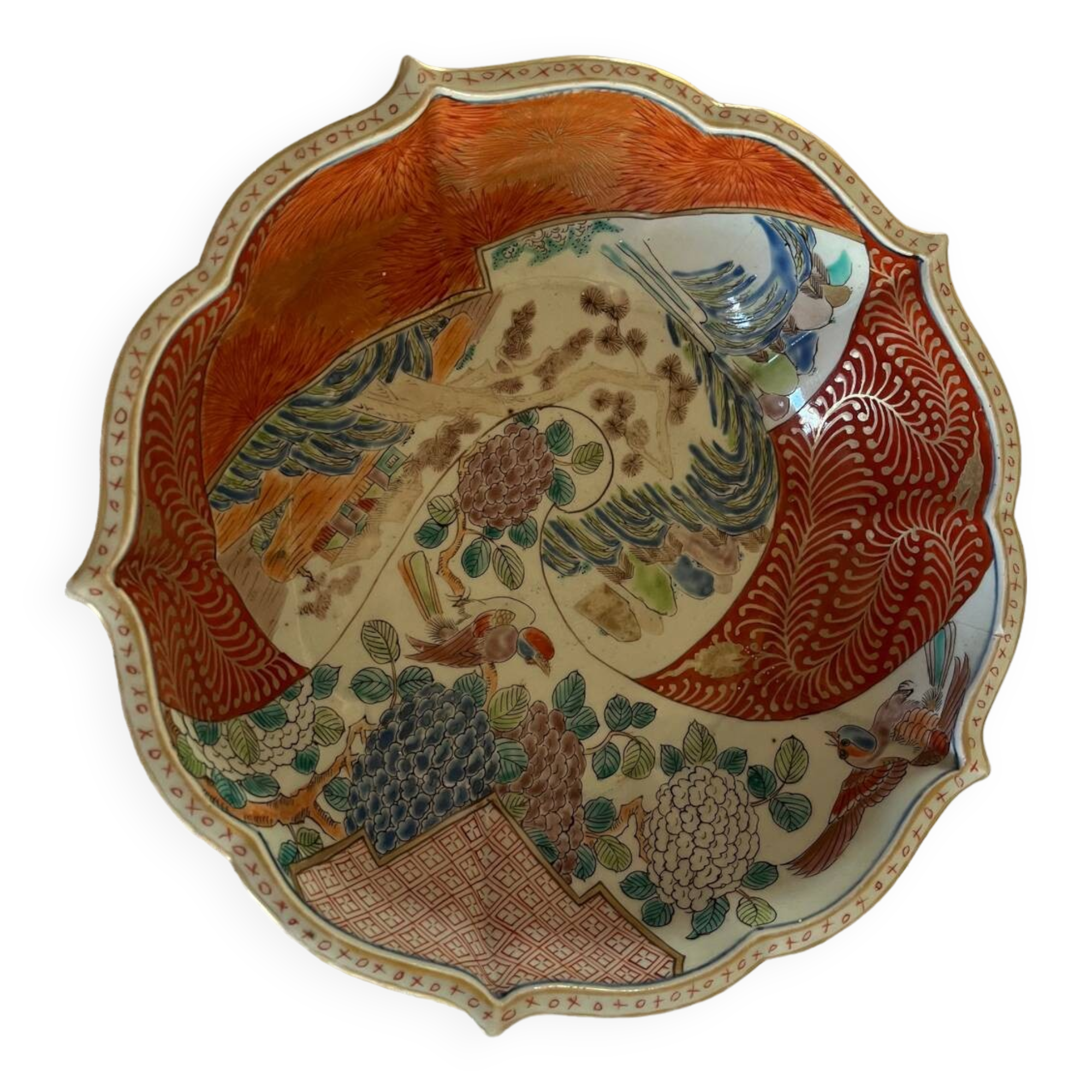 Chinese ceramic cup landscape patterns brass base supported by 4 elephants lai