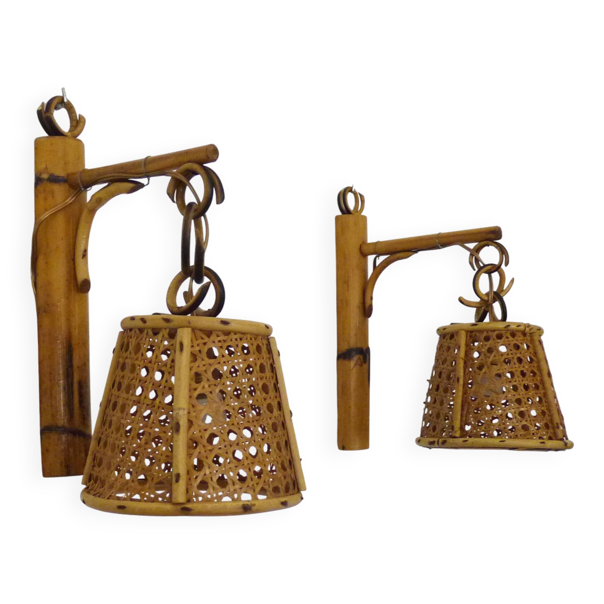 Pair of rattan and cane lantern wall lights. 1950s-1960s