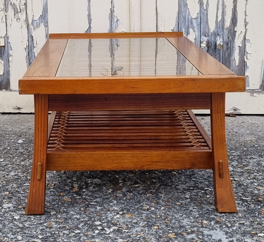 Coffee table, exotic wood, glass and rattan, vintage