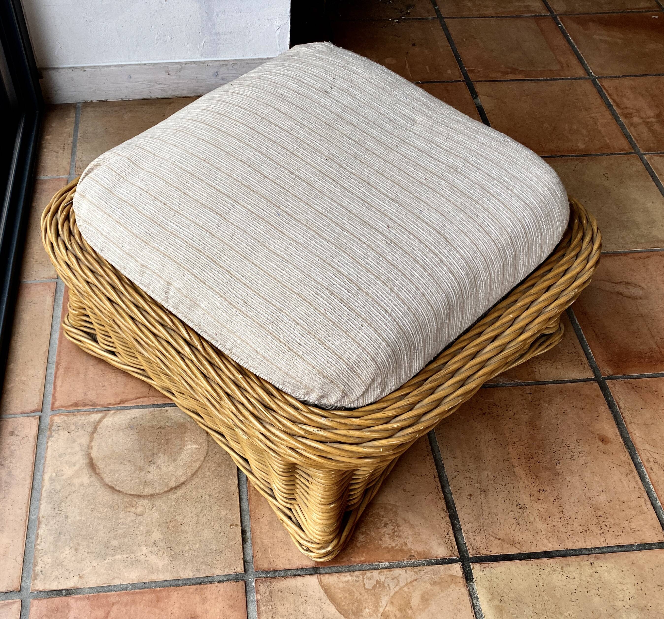 Square pouf or footstool in rattan