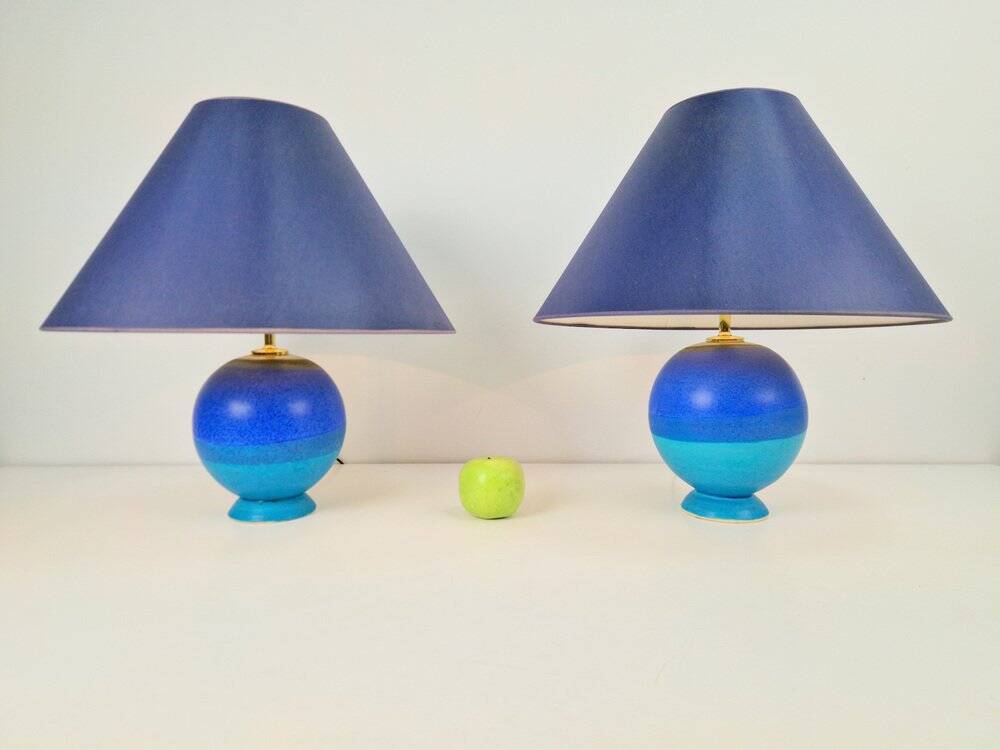 Lampes de table sphériques en céramique bleue vintage, années 1970, ensemble de 2
