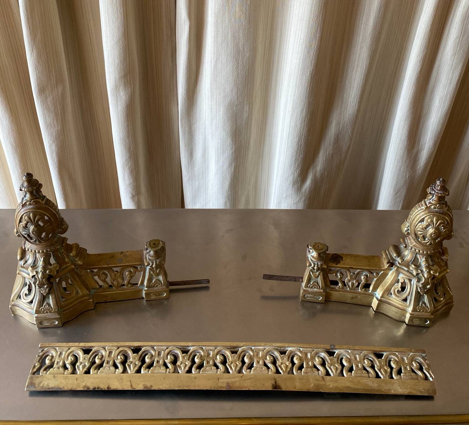 3 gilded bronze fireplace accessories 2 andirons and 1 fire bar