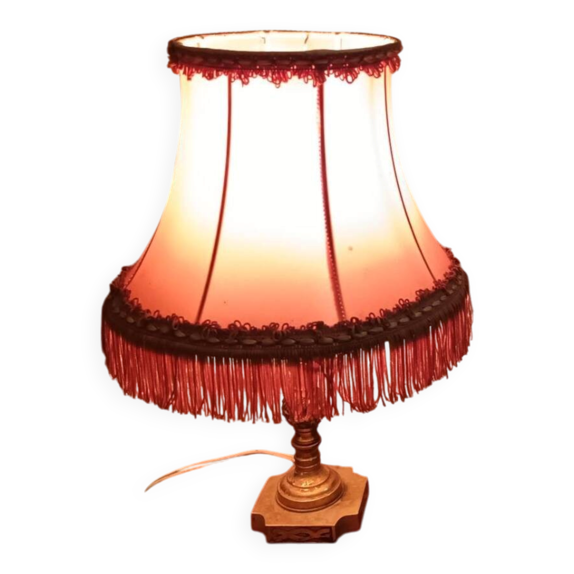 Vintage lamp, pink fringed pagoda shade and brass base.