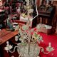 Large floral Art Nouveau chandelier in patinated bronze and metal.