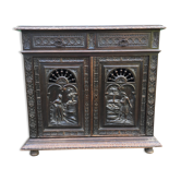 Breton buffet with characters carved in solid oak with 2 doors and 2 drawers