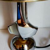 Modernist lamp chromed metal 70s, beige canvas lampshade