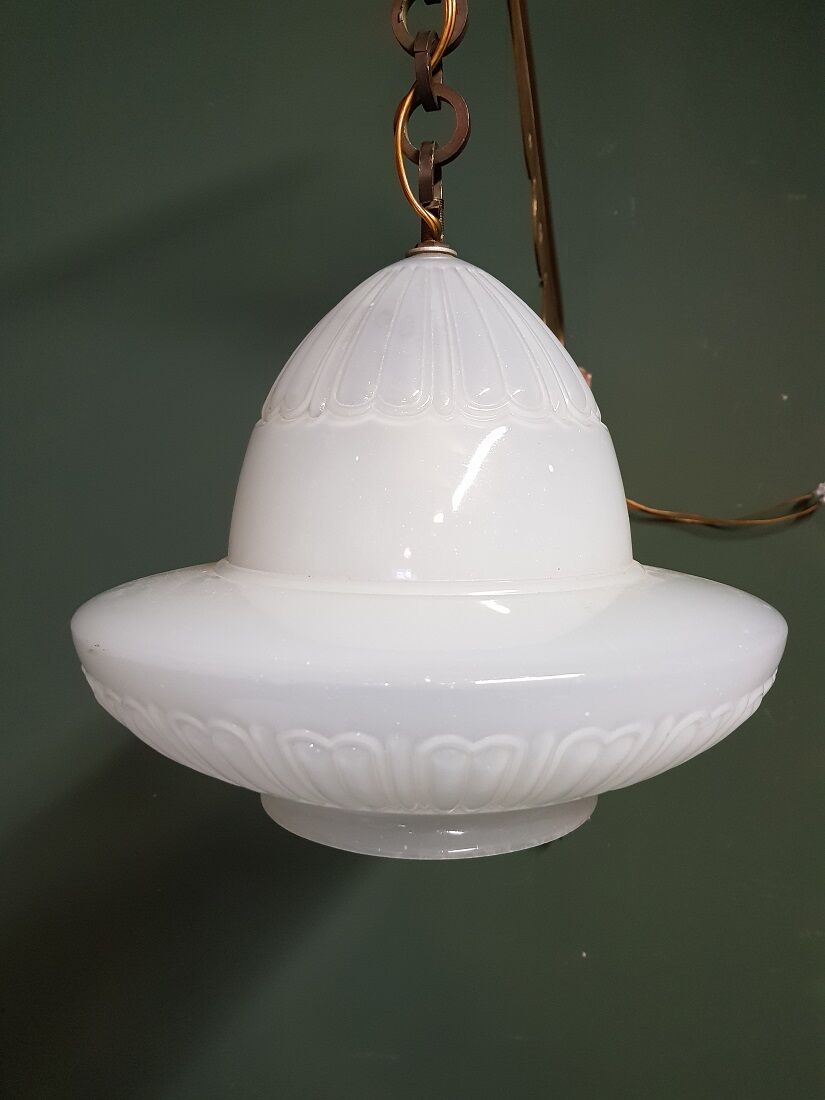 Early 20th century art deco wall lamp with brass bracket and opaline glass shade