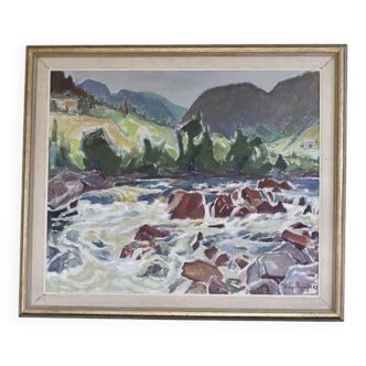 1950's Orignal Norwegian Modernist Oil Painting" Fors in Dyrlandsdal, Telemark, Norway "by Fritz Sme
