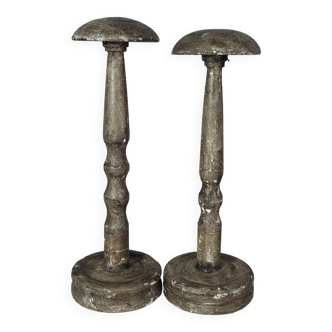 Old pair wooden hat holder patinated vintage 50s