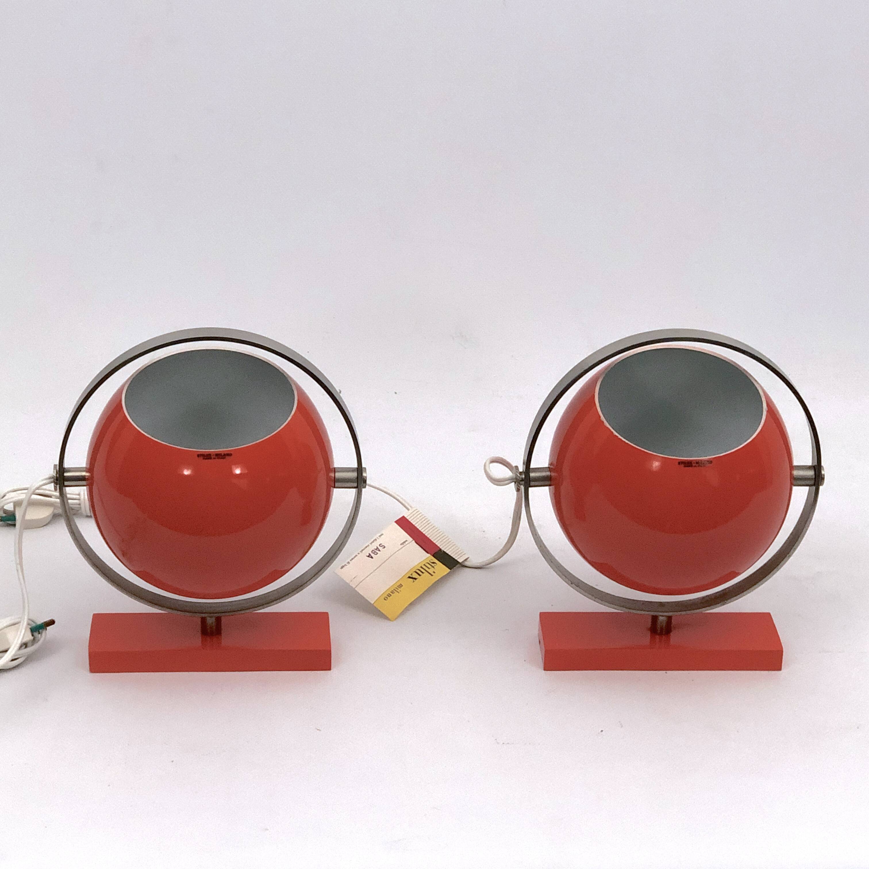 Stilux Milano model Saba, orange globe table lamps from 60s. Set of two