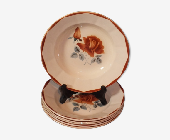 6 assiettes creuses Digoin Sarreguemines rose poudré décor 9181