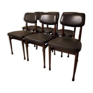 Suite de 6 chaises en bois et skai noir vintage