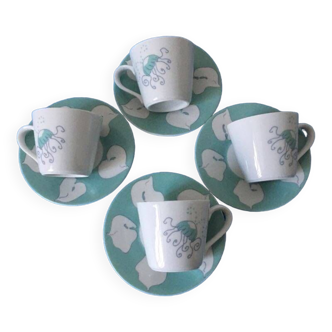 Set of 4 porcelain cups and saucer, jellyfish pattern signed Yves Blayo