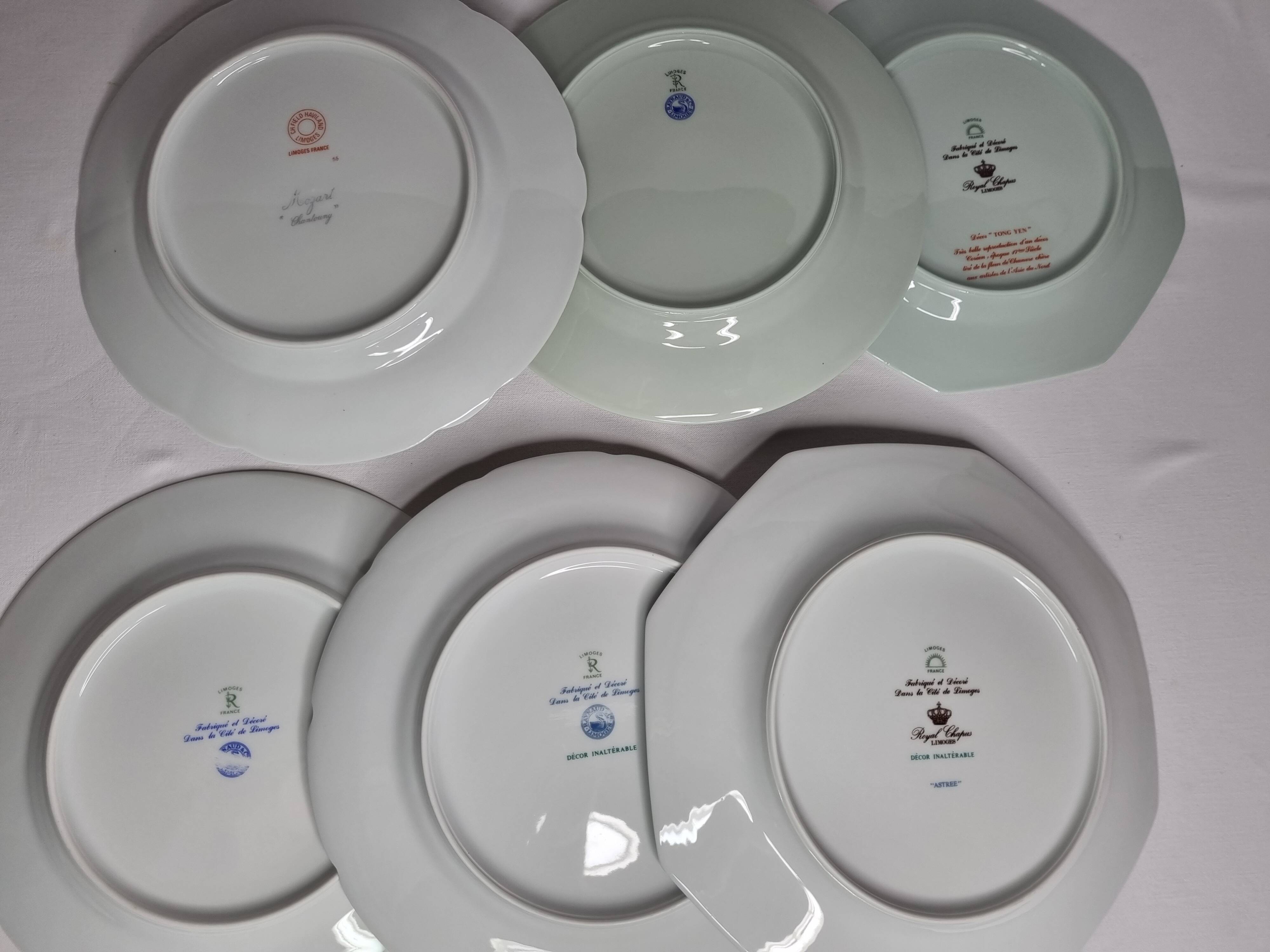 Set of 6 decorative French porcelain plates, floral and traditional designs, 25 cm