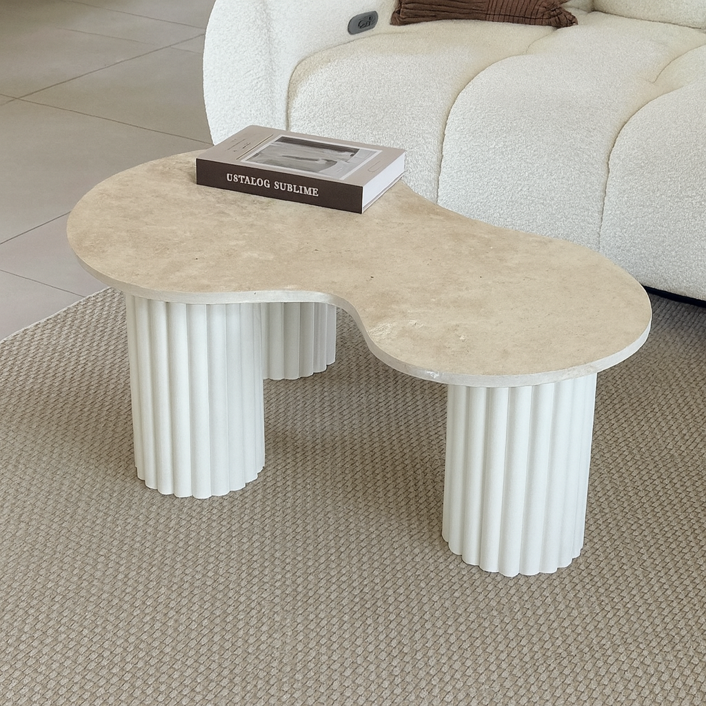 "Pear" coffee table in travertine and fluted wood | white oak | 3 legs