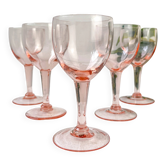 5 verres à vin rouge vintage en verre rose à facettes – années 1950 – élégance française