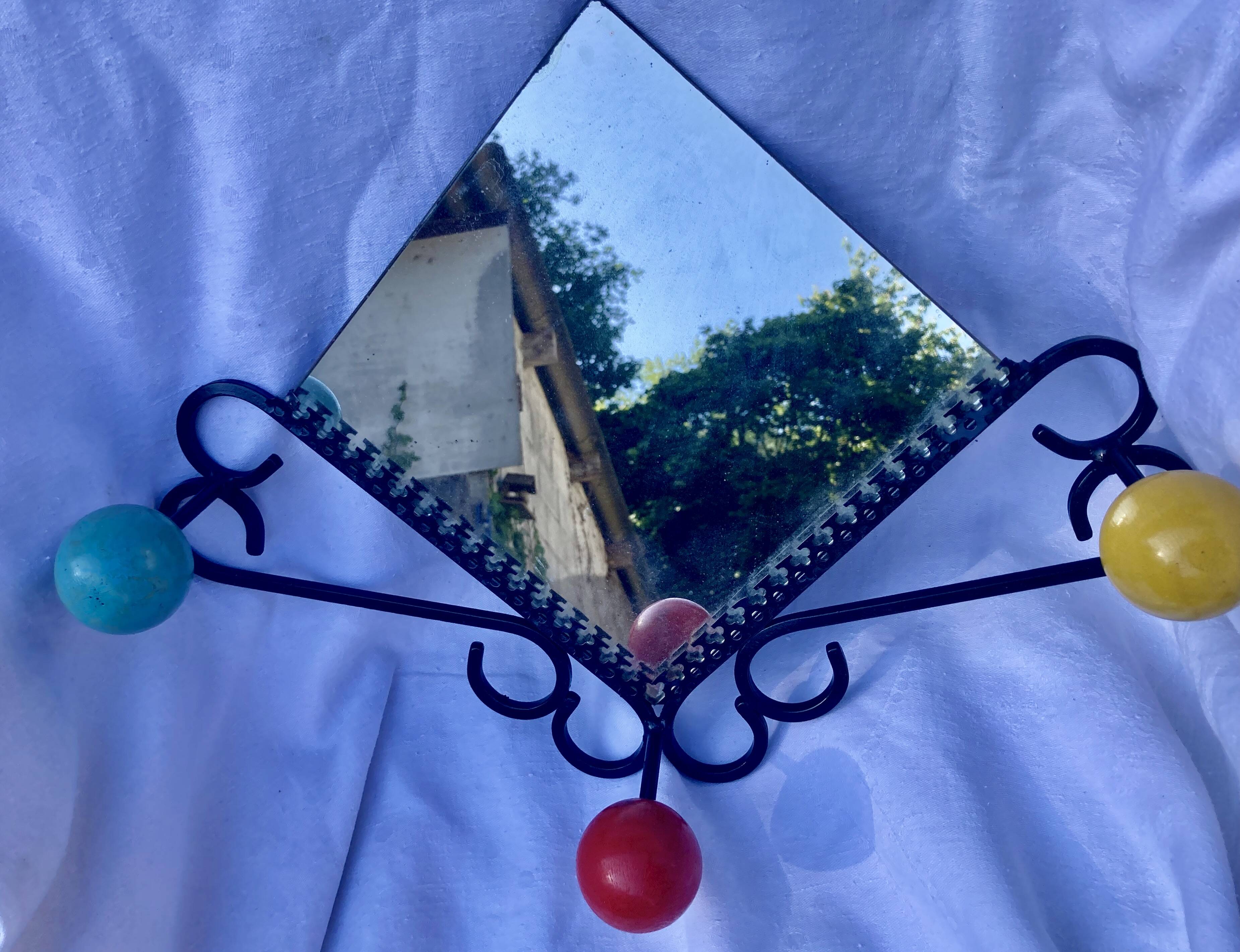 Wrought iron coat rack with wooden ball and vintage mirror 50/60's
