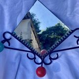 Wrought iron coat rack with wooden ball and vintage mirror 50/60's