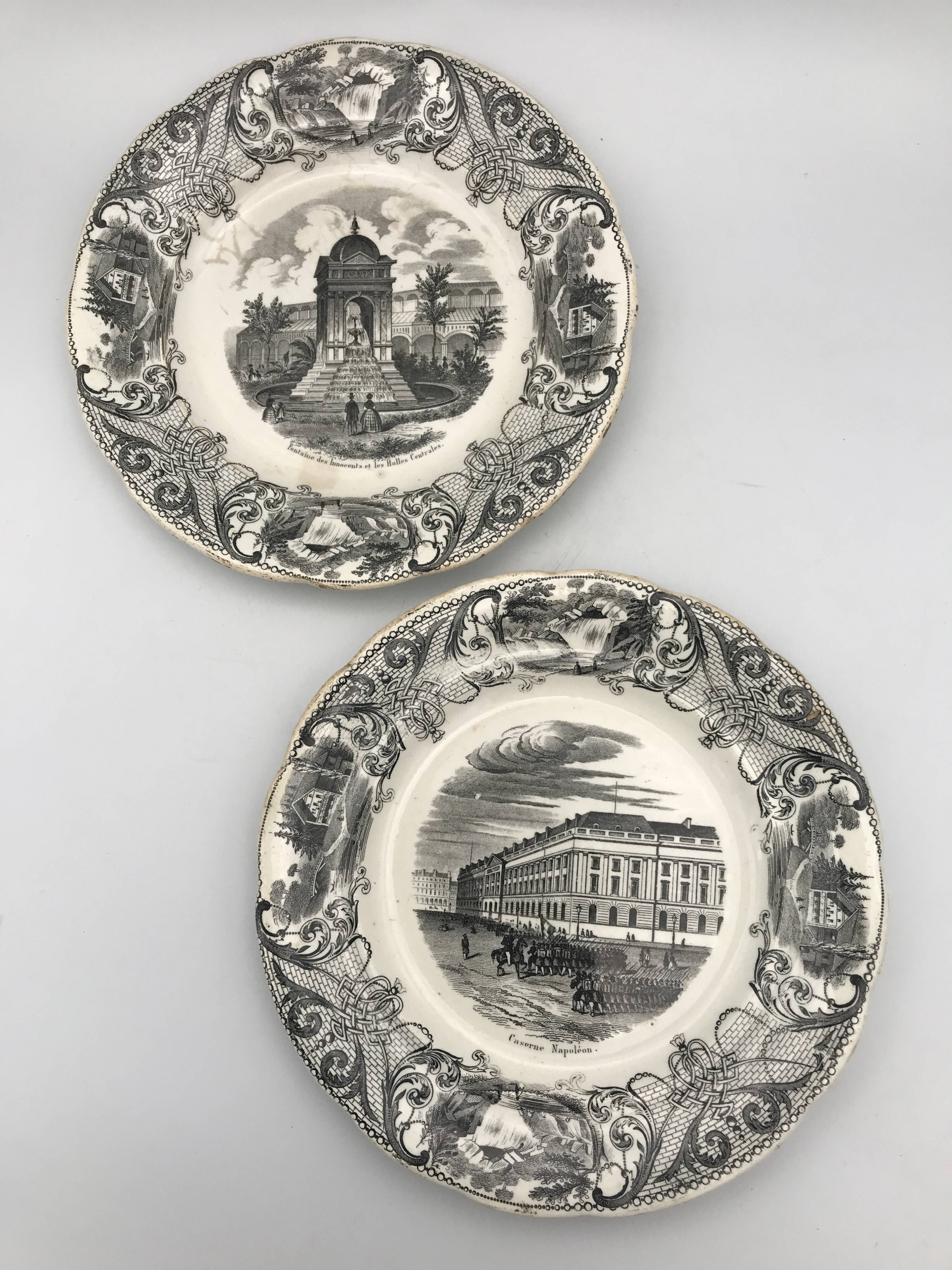 Set of 6 antique choisy-le-roi earthenware plates with grisaille decoration