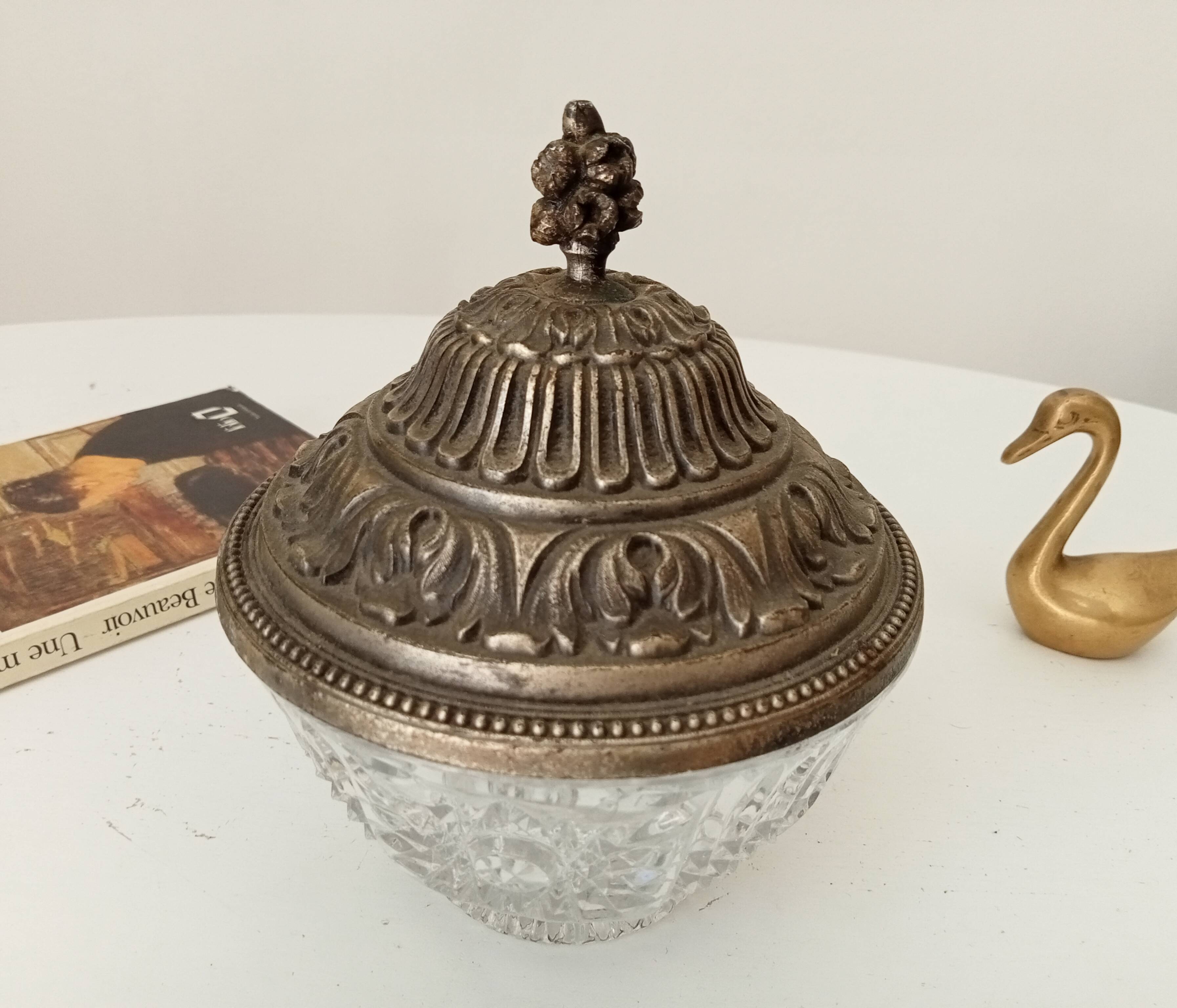 Vintage chiseled glass and tin candy box