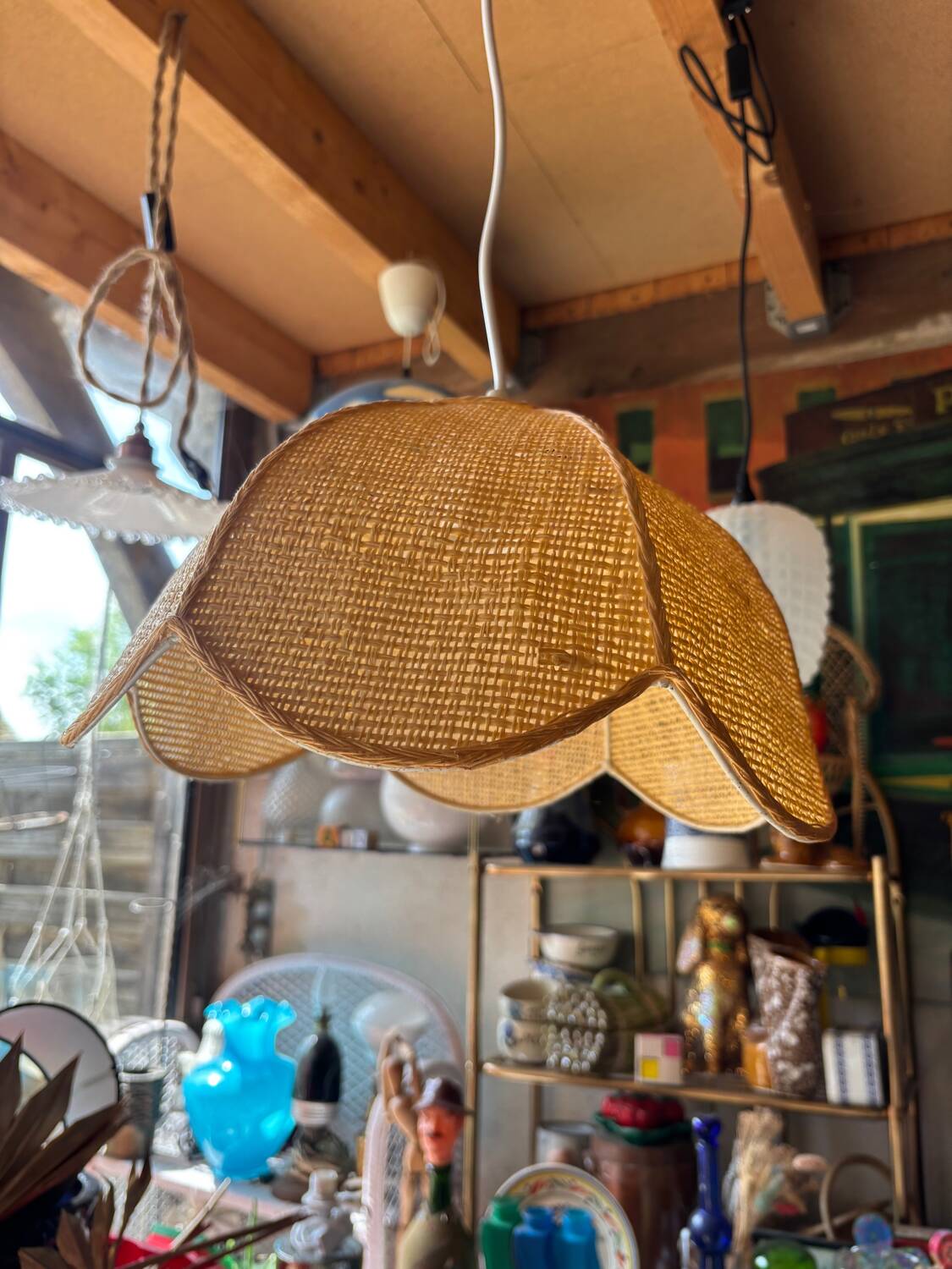 Vintage woven straw bell pendant light