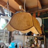 Vintage woven straw bell pendant light