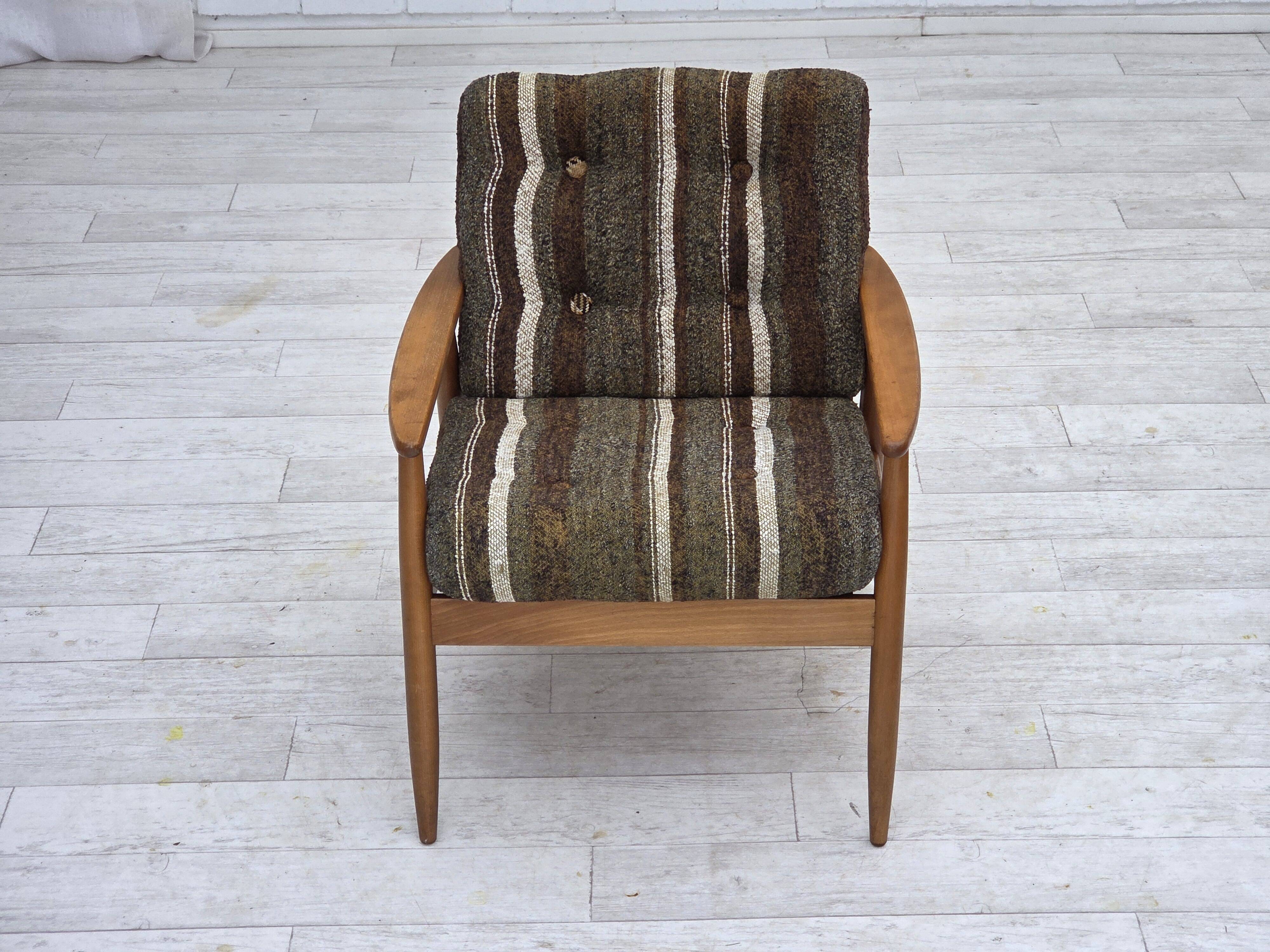 1970s, Danish armchair, beech wood, furniture wool fabric.