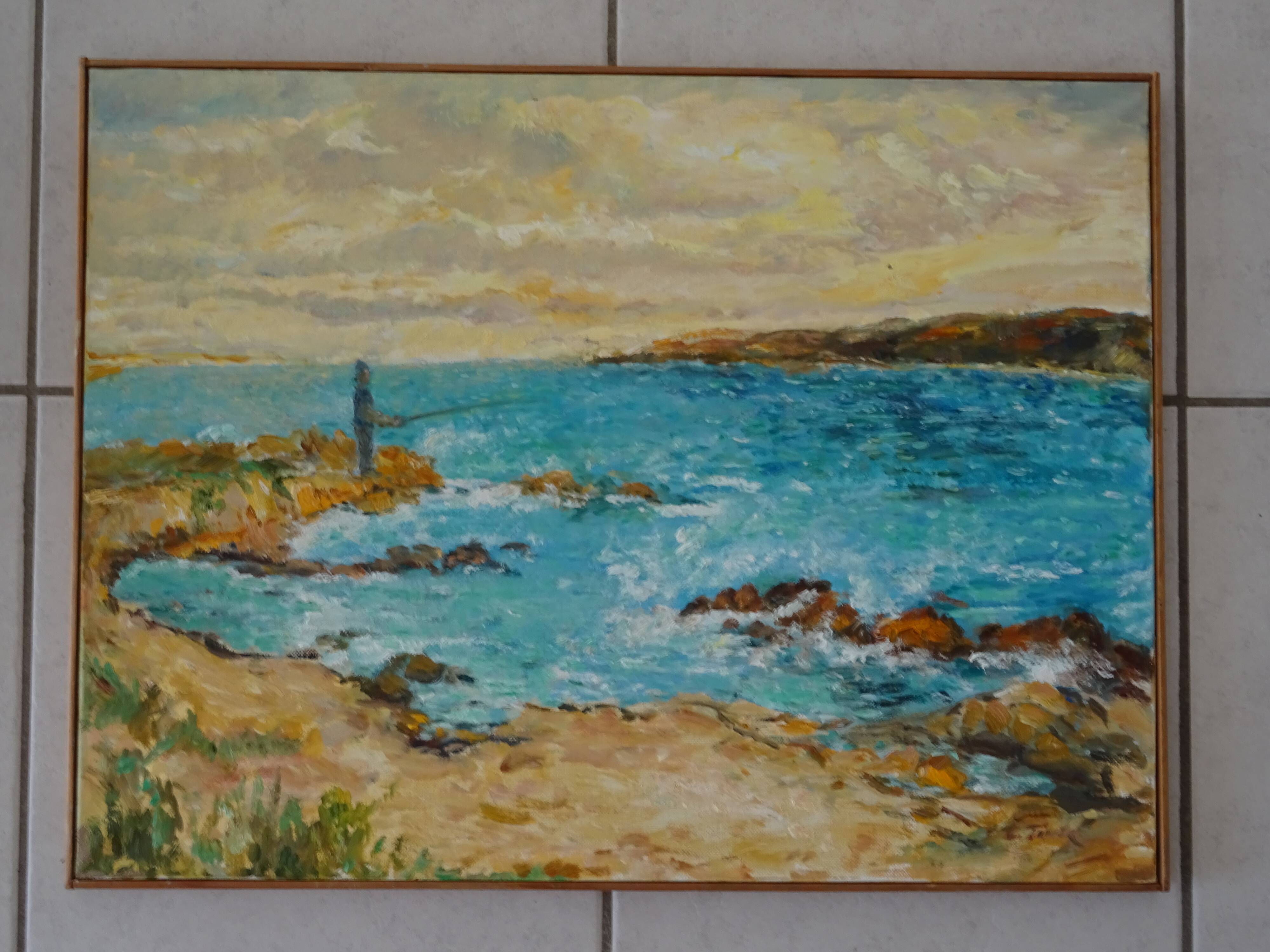 Seaside fisherman painting oil on canvas signed