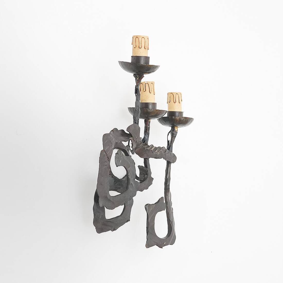 Pair of Brutalist wrought iron wall lamps, 1960s