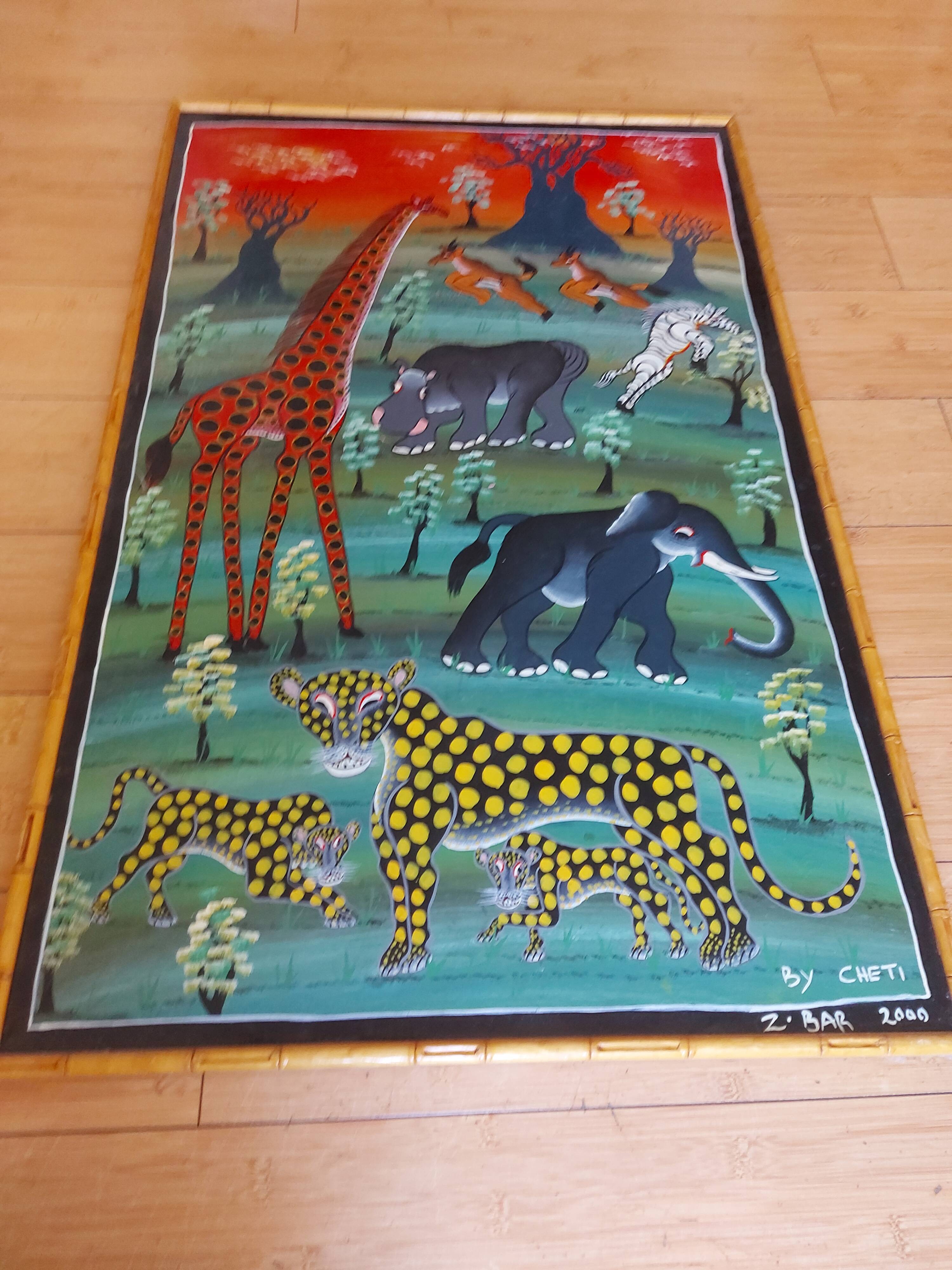 Grande huile sur toile art africain TingaTinga , Zanzibar , Tanzanie , Cheti