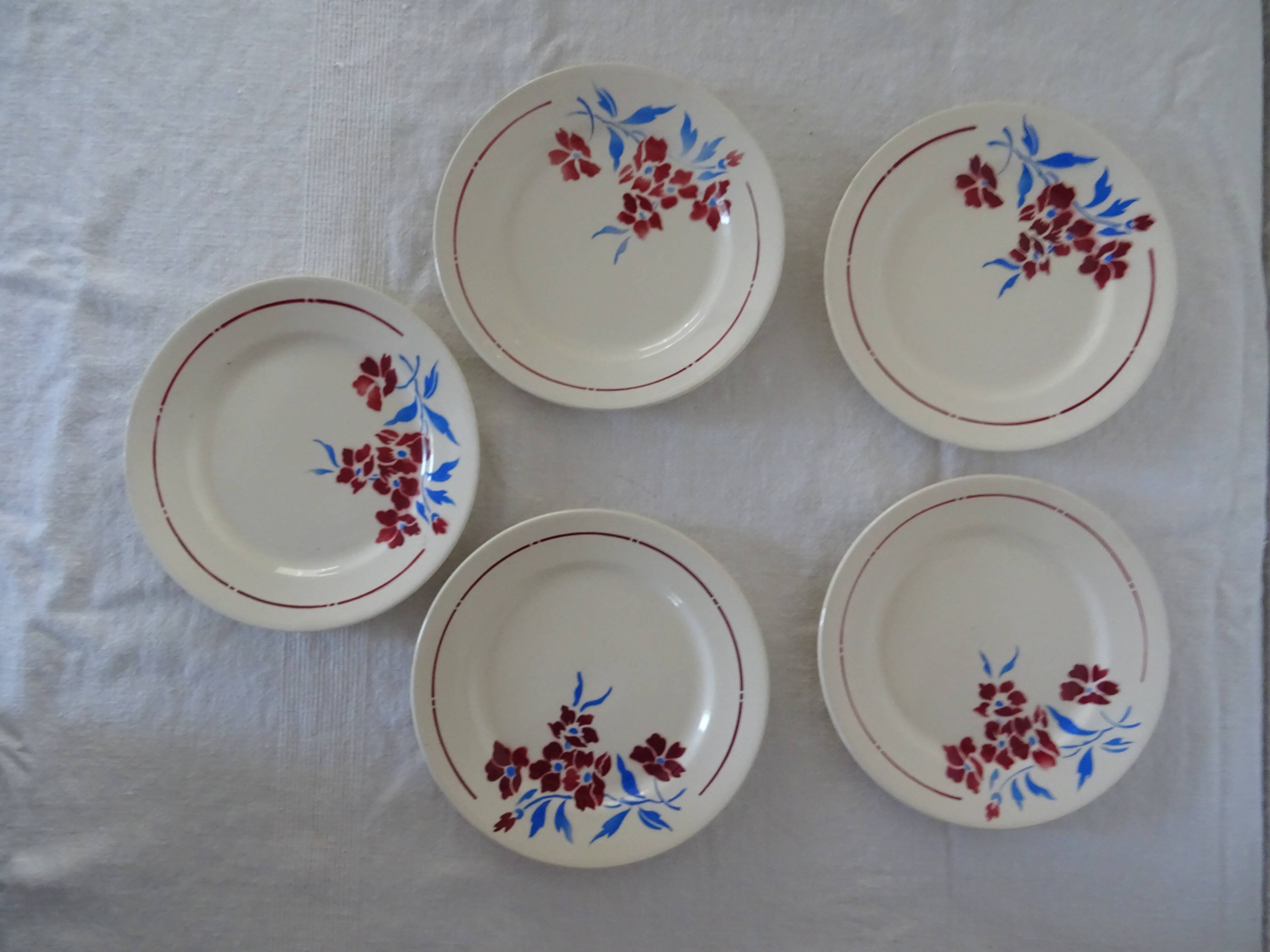 5 plates old faience Badonviller decoration flowers blue-red