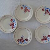 5 assiettes  anciennes faience Badonviller  décor fleurs bleu-rouge