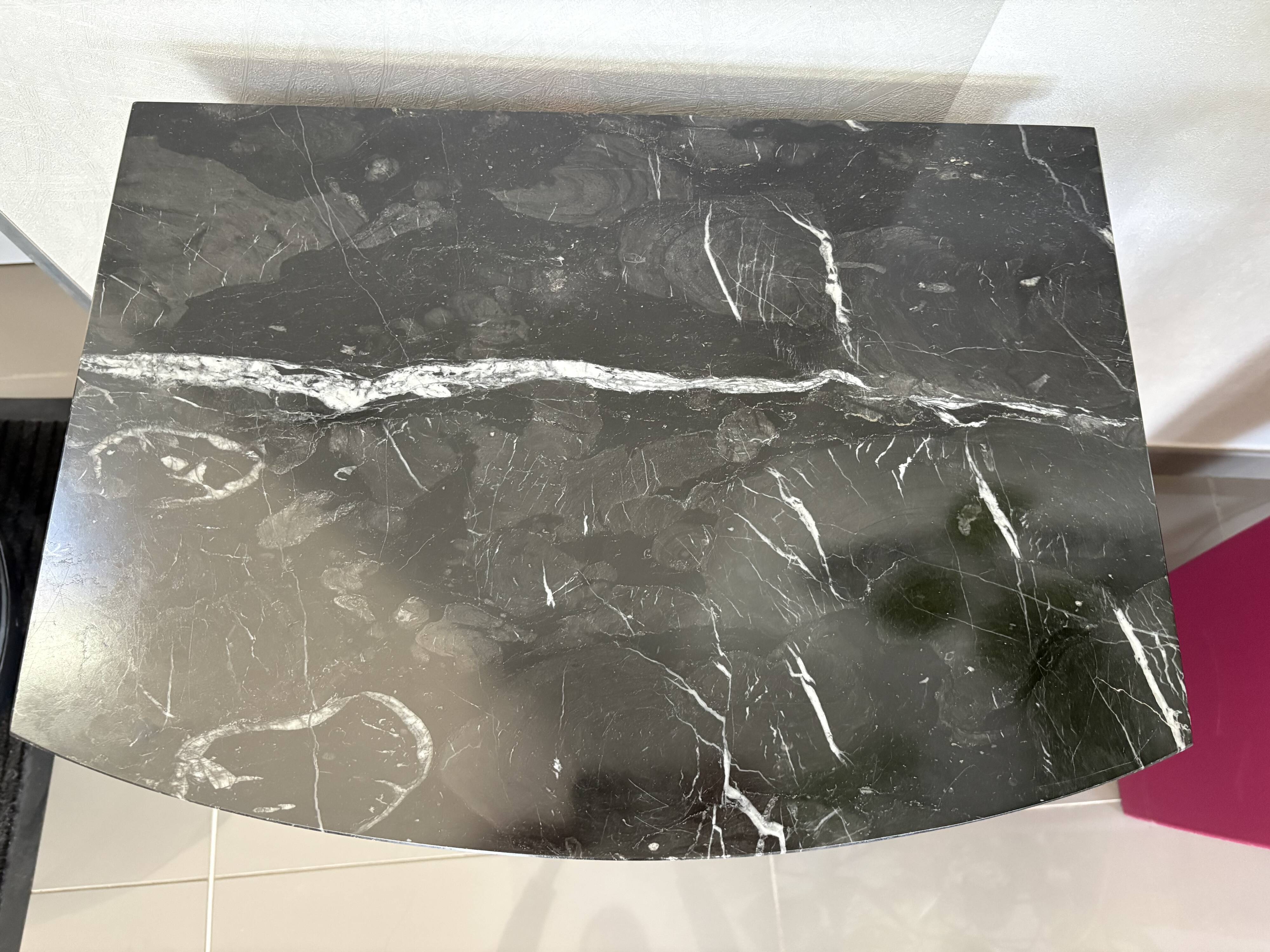 Storage unit, vintage bedside table painted black with a black marble top