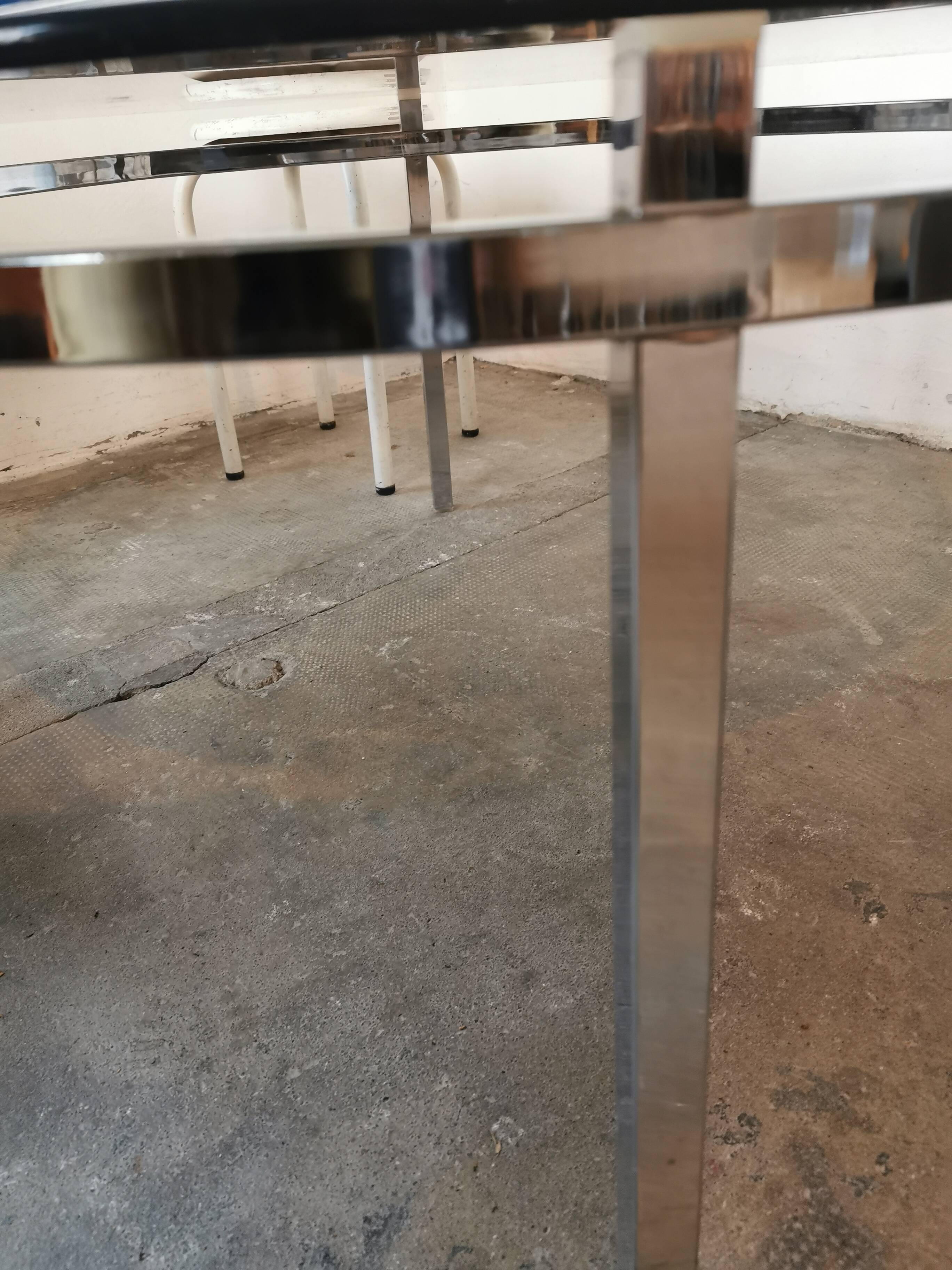 Round coffee table, chrome and smoked glass